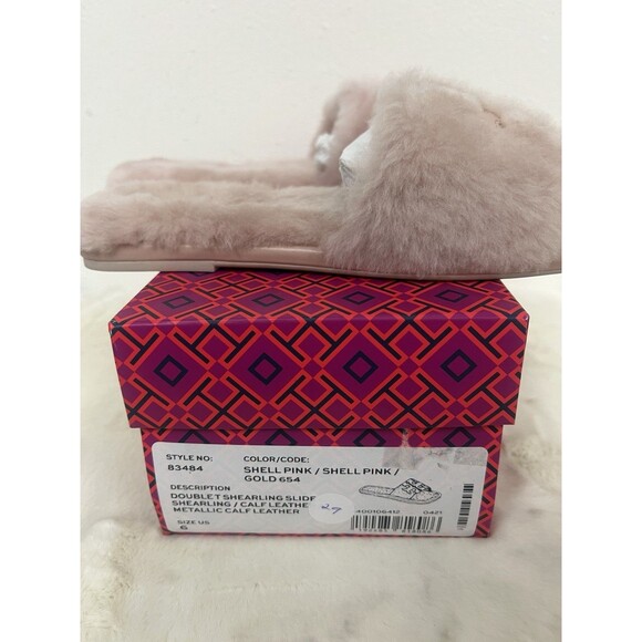 TORY BURCH SHEARLING SLIDE SANDAL SHELL PINK /GOLD TRIM DOUBLE LOGO SZ US 6 NEW - Picture 2 of 10